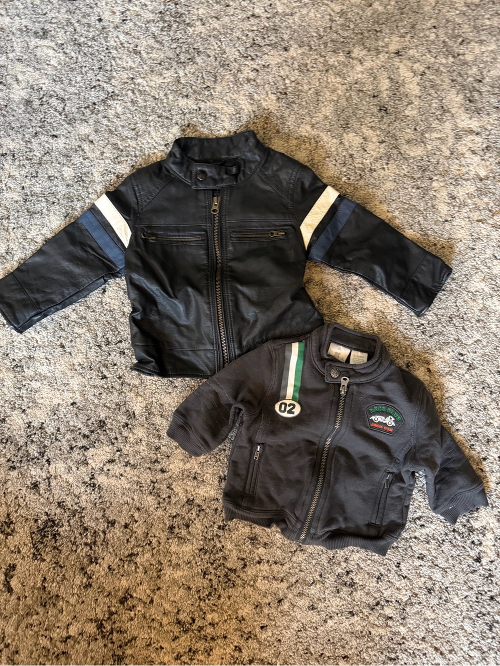 GAP Black Kids Faux Leather Jacket with White & Blue Sleeve Stripes